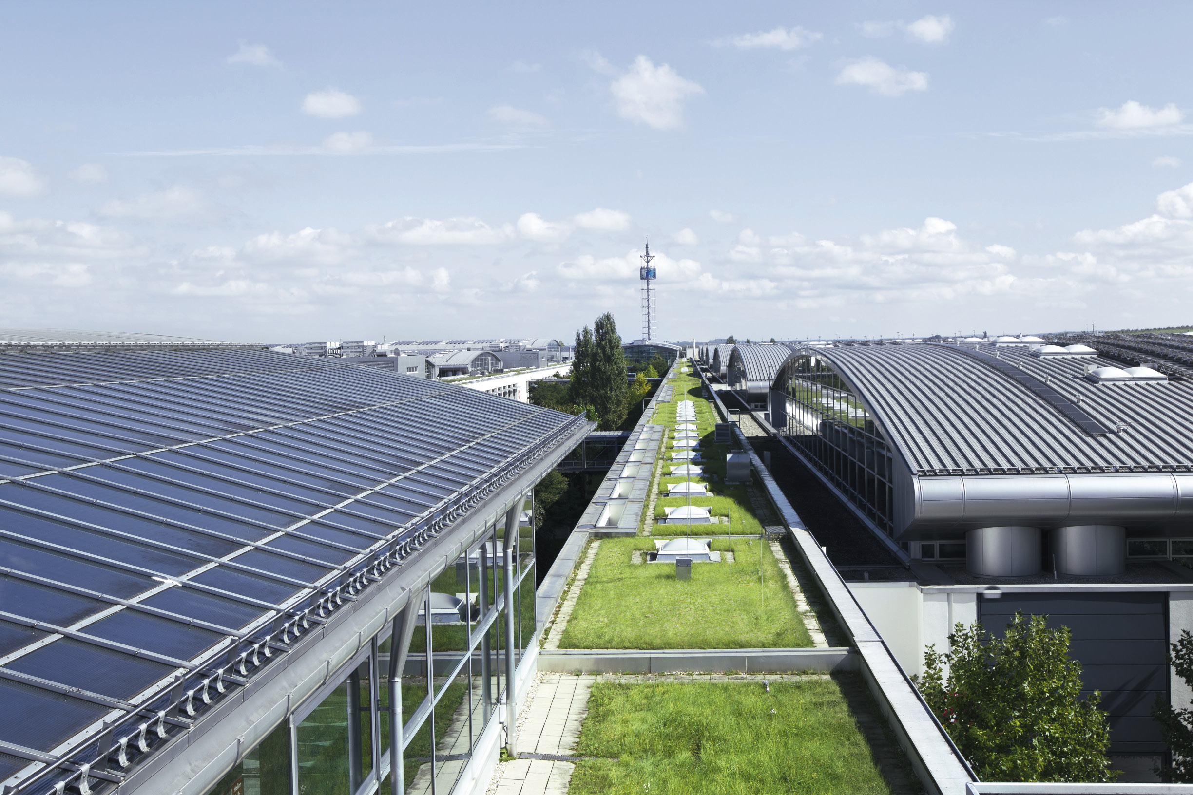 Dachbegrünung und Solaranlagen der Messe München